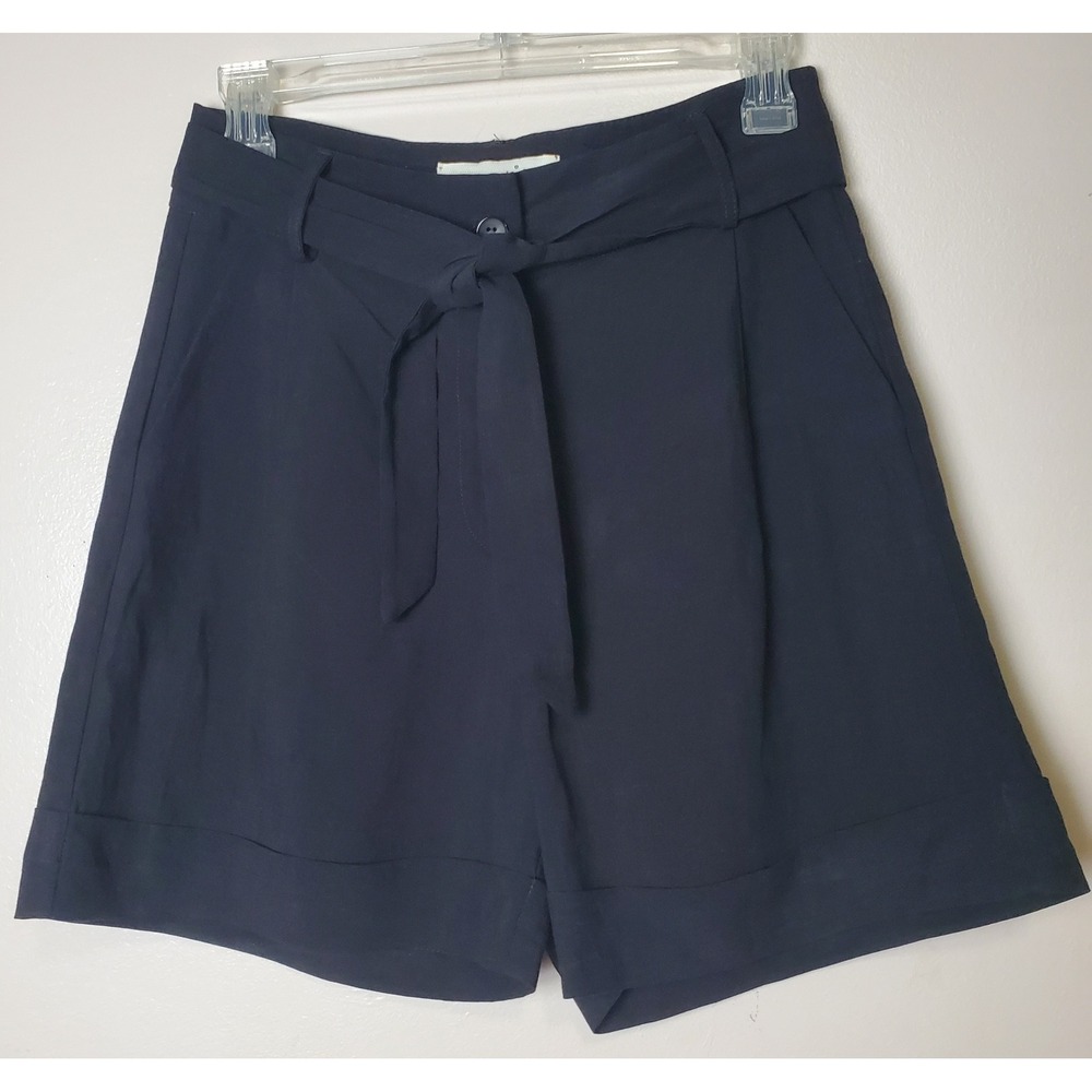 Moutaki Women's Linen‎ Shorts Small Black Tie Belt Cuffed Pleated Quiet Luxury